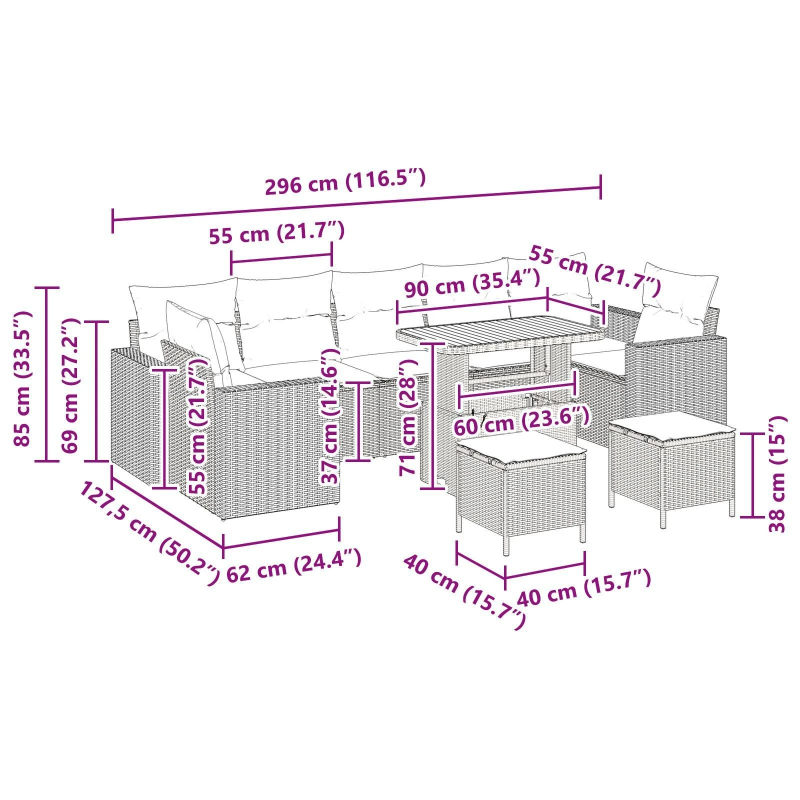 vidaXL Dārza dīvānu komplekts 10 pcs Melna poliratāns
