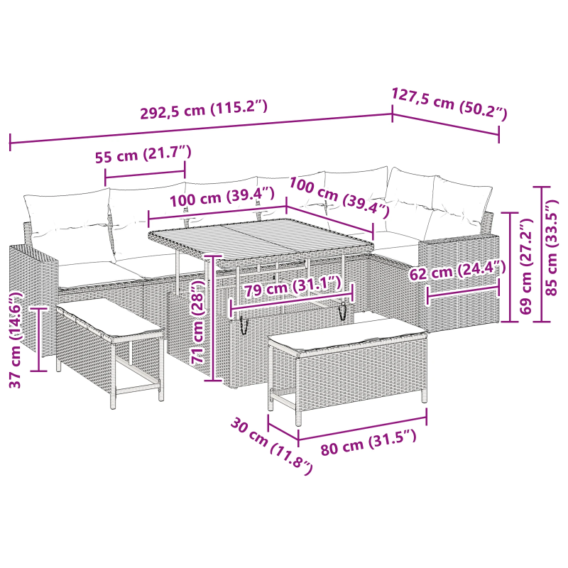 vidaXL Dārza dīvānu komplekts 9 pcs Melna poliratāns