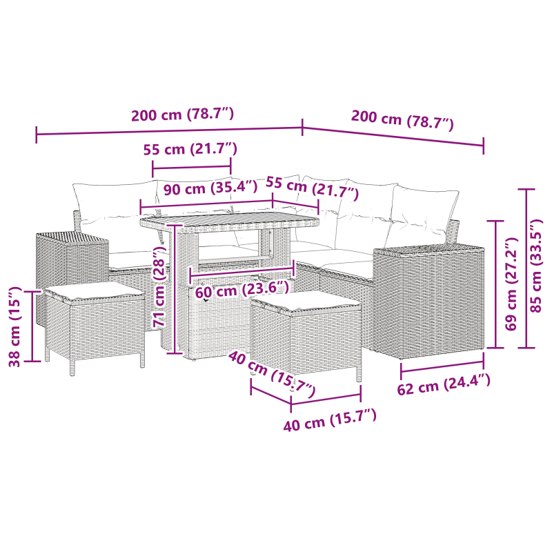 vidaXL Dārza dīvānu komplekts ar spilvenu 8 pcs Melna poliratāns
