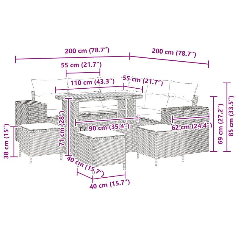 vidaXL Dārza dīvānu komplekts ar spilvenu 8 pcs Bēša poliratāns