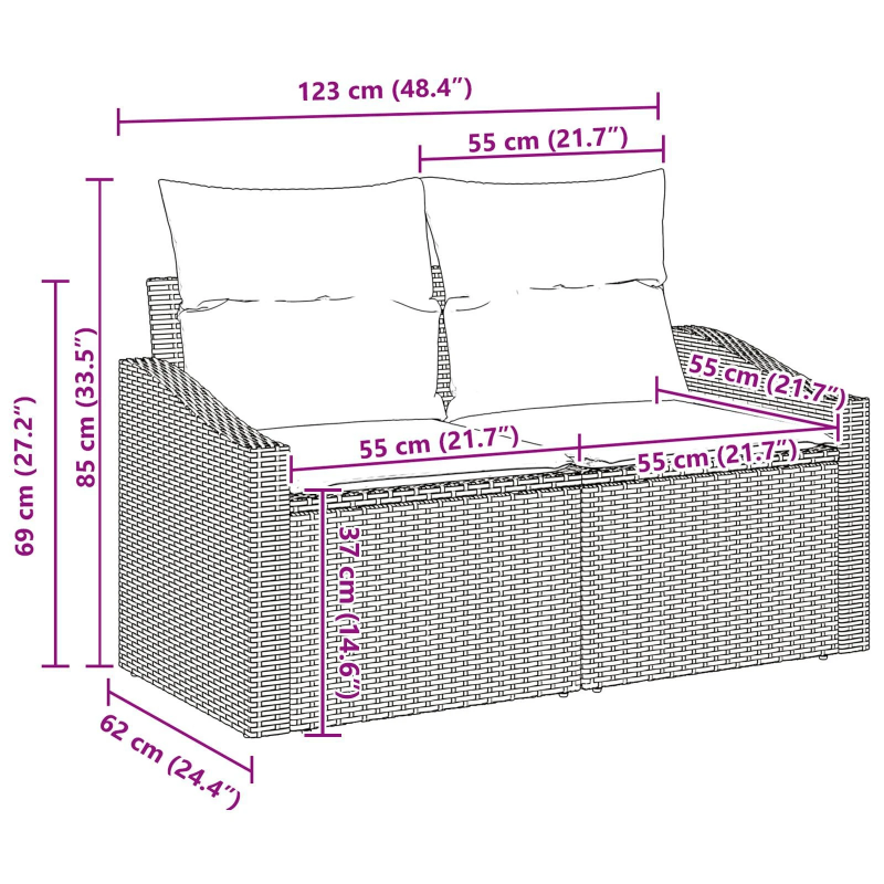 vidaXL Dārza dīvānu komplekts ar spilvenu 9 pcs Melna poliratāns