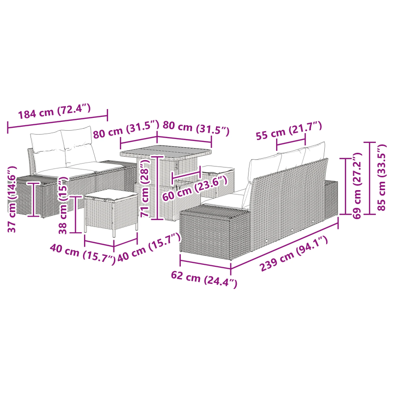 vidaXL Dārza dīvānu komplekts 8 pcs Melna Poliūtu rotangpalma