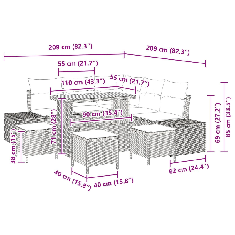 vidaXL Dārza dīvānu komplekts 8 pcs Bēša Poliūtu rotangpalma