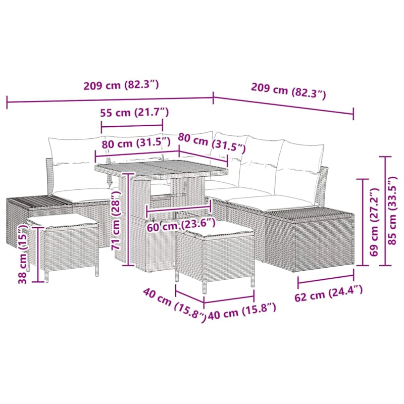 vidaXL Dārza dīvānu komplekts 8 pcs Pelēka Poliūtu rotangpalma