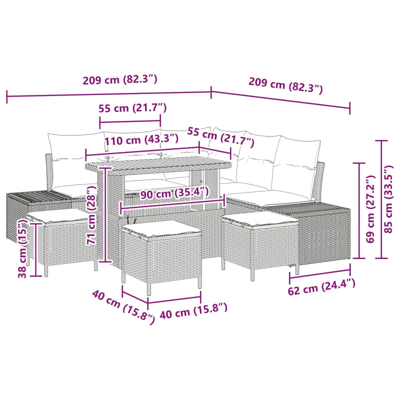 vidaXL Dārza dīvānu komplekts 8 pcs Bēša Poliūtu rotangpalma