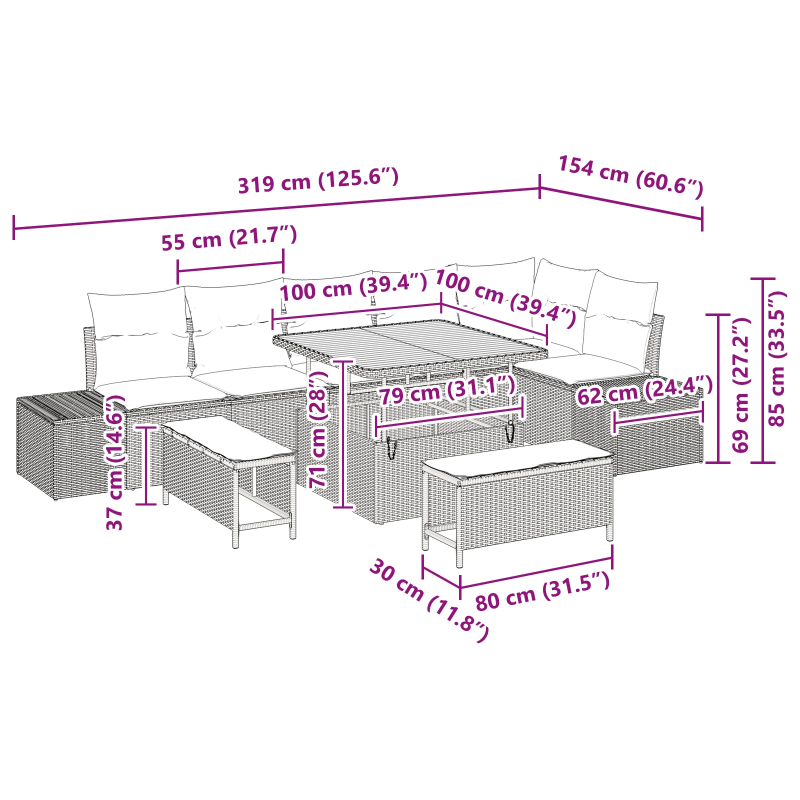 vidaXL Dārza dīvānu komplekts ar spilvenu 9 pcs Melna poliratāns