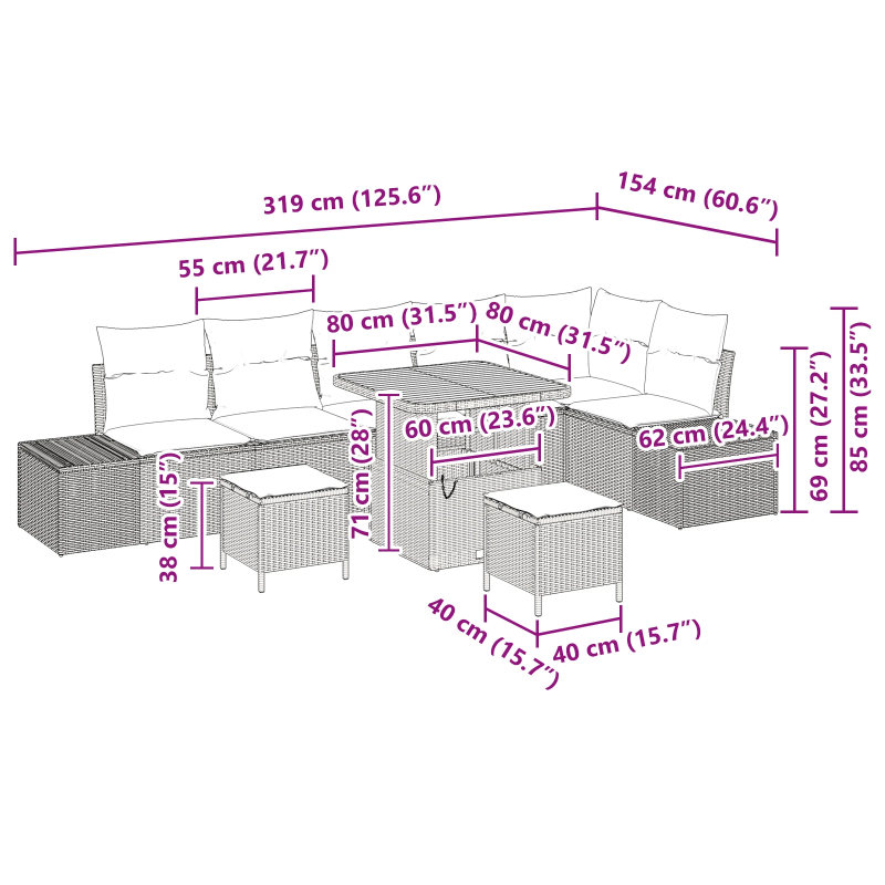vidaXL Dārza dīvānu komplekts ar spilvenu 9 pcs Pelēka poliratāns