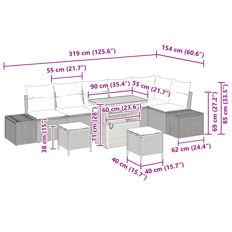 vidaXL Dārza dīvānu komplekts ar spilvenu 9 pcs Bēša poliratāns