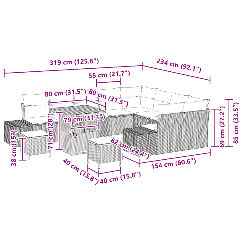 vidaXL Dārza dīvānu komplekts 12 pcs Melna Poliūtu rotangpalma
