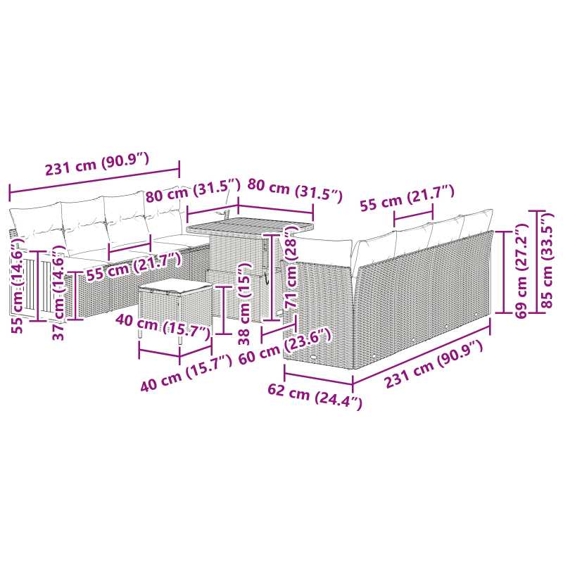 vidaXL Dārza dīvānu komplekts ar spilvenu 11 pcs bēša un gaiši pelēka