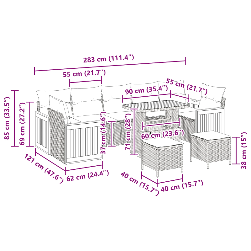 vidaXL Dārza dīvānu komplekts ar spilvenu 10 pcs Melna un krēmkrāsas