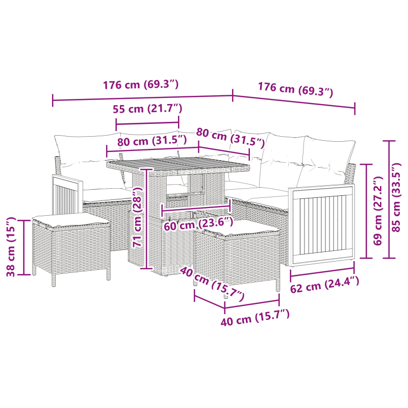 vidaXL Dārza dīvānu komplekts ar spilvenu 8 pcs Melna