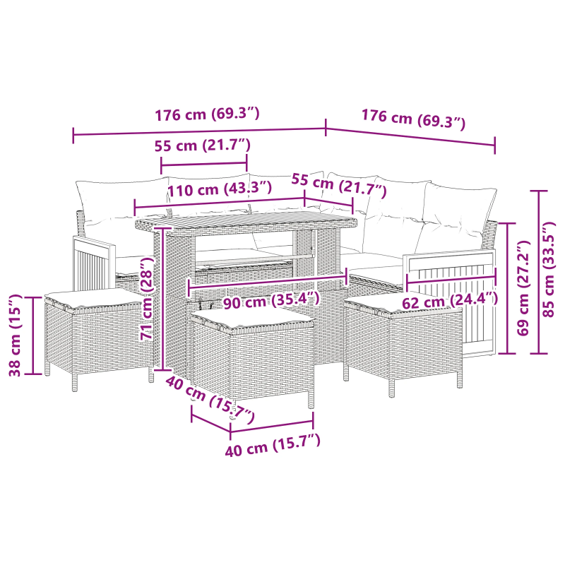 vidaXL Dārza dīvānu komplekts ar spilvenu 9 pcs bēša un krēmkrāsa