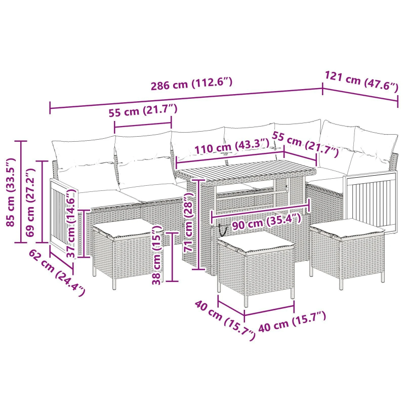 vidaXL Dārza dīvānu komplekts ar spilvenu 9 pcs Melna un krēmkrāsas
