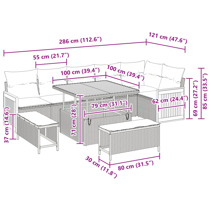 vidaXL Dārza dīvānu komplekts ar spilvenu 9 pcs bēša un gaiši pelēka