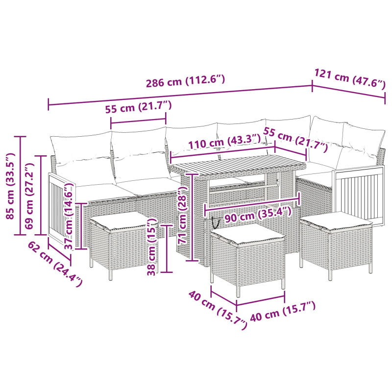 vidaXL Dārza dīvānu komplekts ar spilvenu 9 pcs bēša un gaiši pelēka