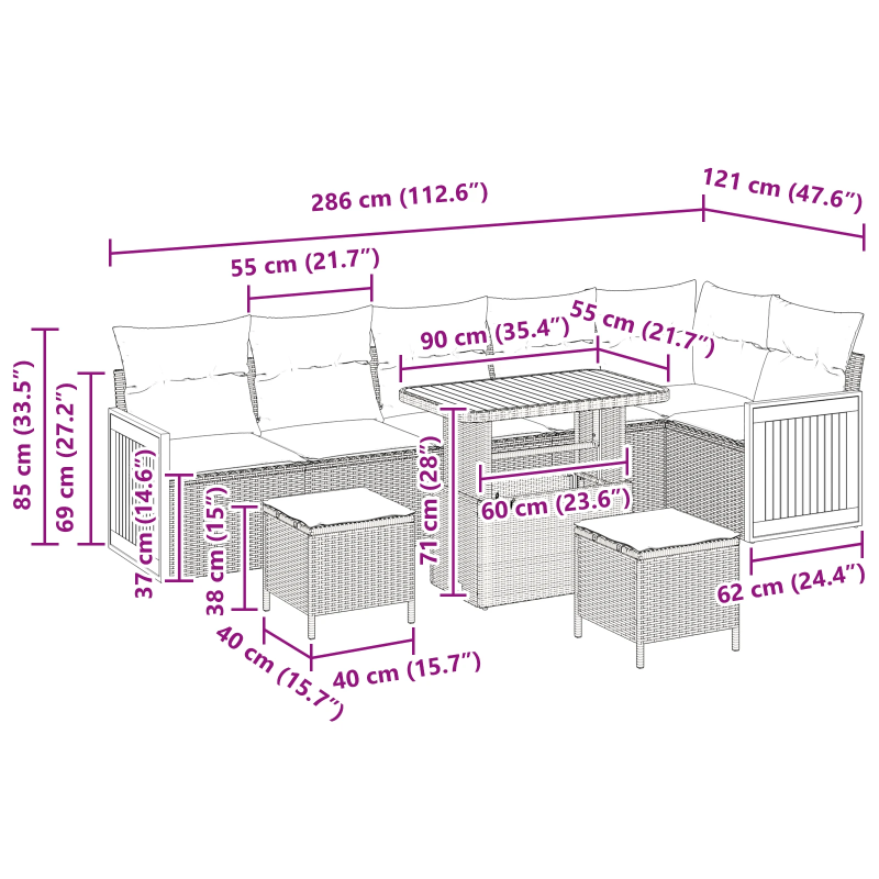 vidaXL Dārza dīvānu komplekts ar spilvenu 9 pcs bēša un krēmkrāsa