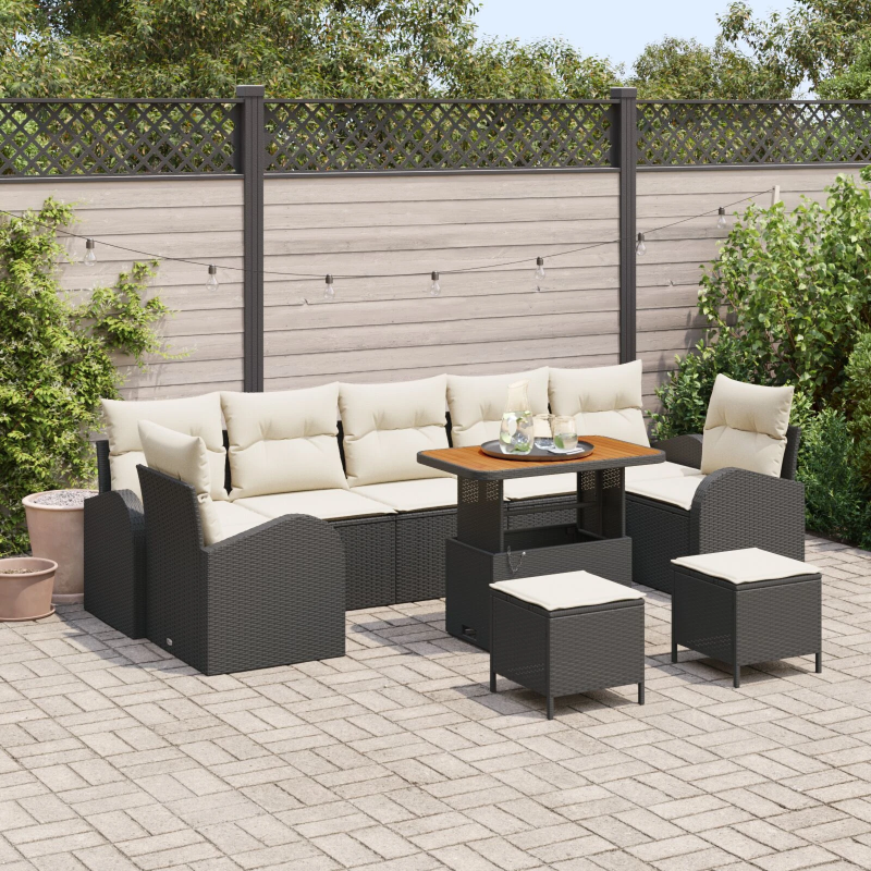 vidaXL Dārza dīvānu komplekts ar spilvenu 10 pcs Melns un Krēmkrāsa