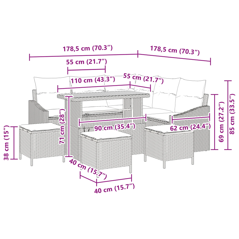 vidaXL Dārza dīvānu komplekts ar spilvenu ar uzglabāšanu 9 pcs Pelēka