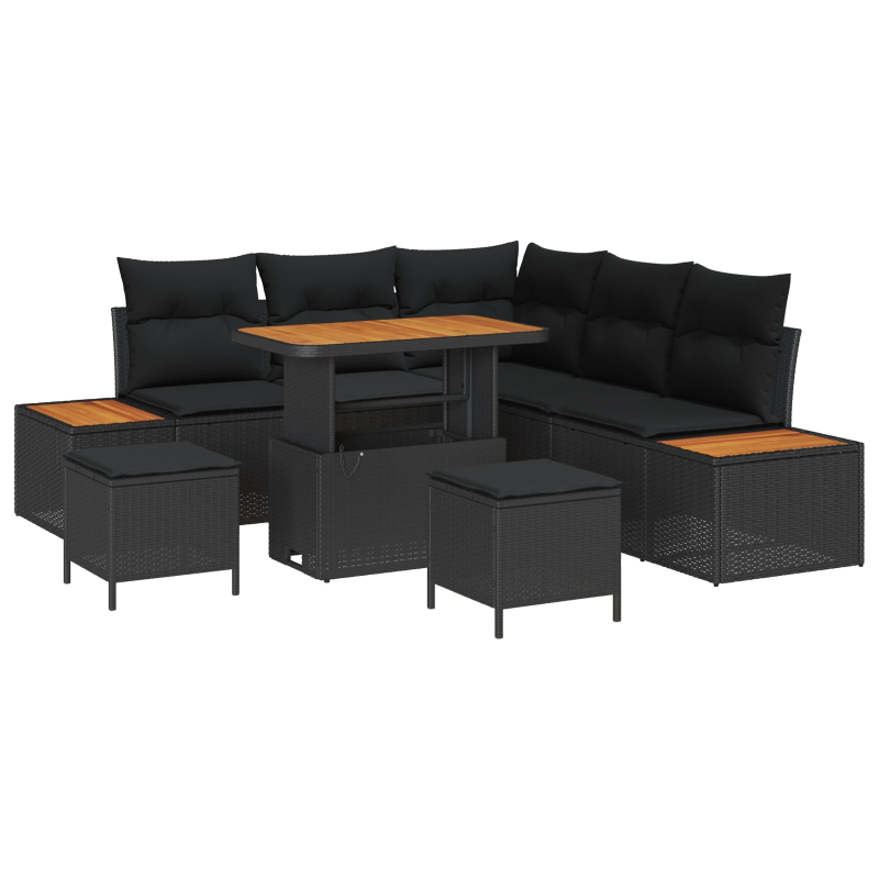 vidaXL Dārza dīvānu komplekts ar spilvenu Melna Poliūtu rotangpalma