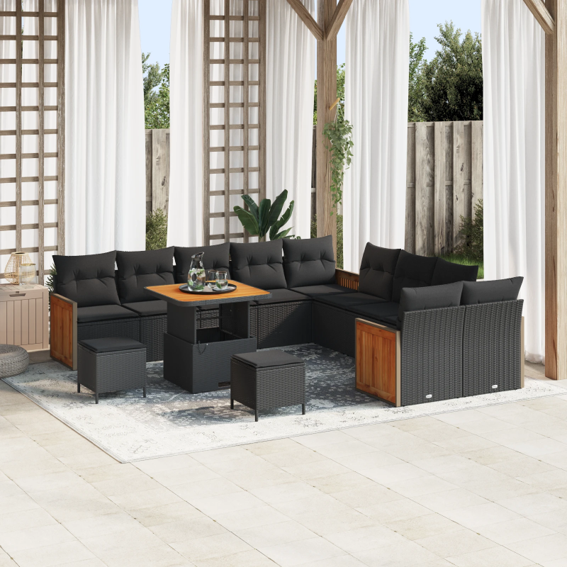 vidaXL Dārza dīvānu komplekts ar spilvenu 17 pcs Melna poliratāns