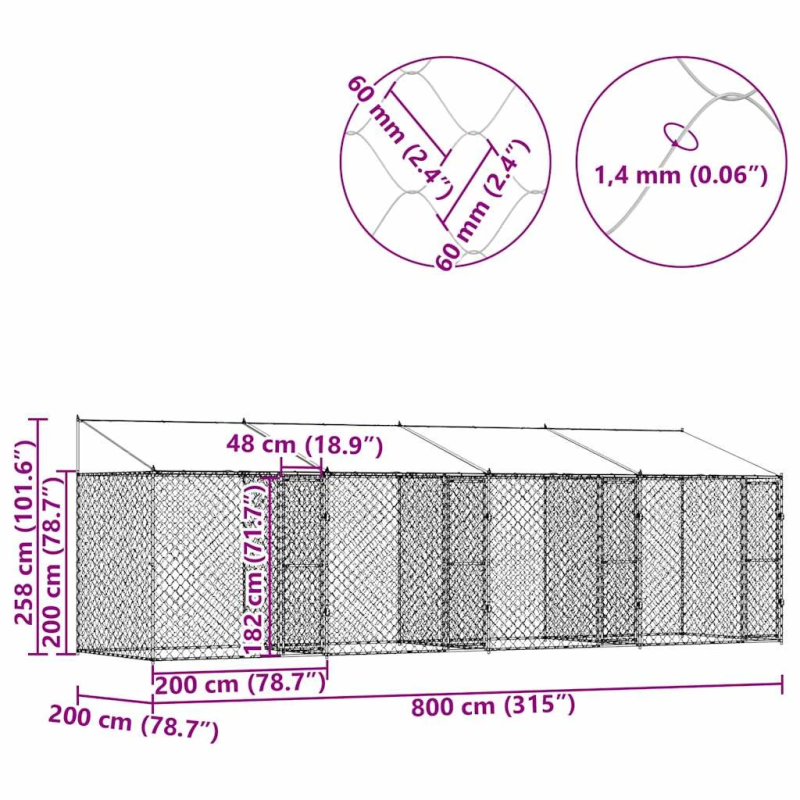 vidaXL Suņu būda ar jumtu Sudraba 800 x 200 x 258 cm Tērauds un PE