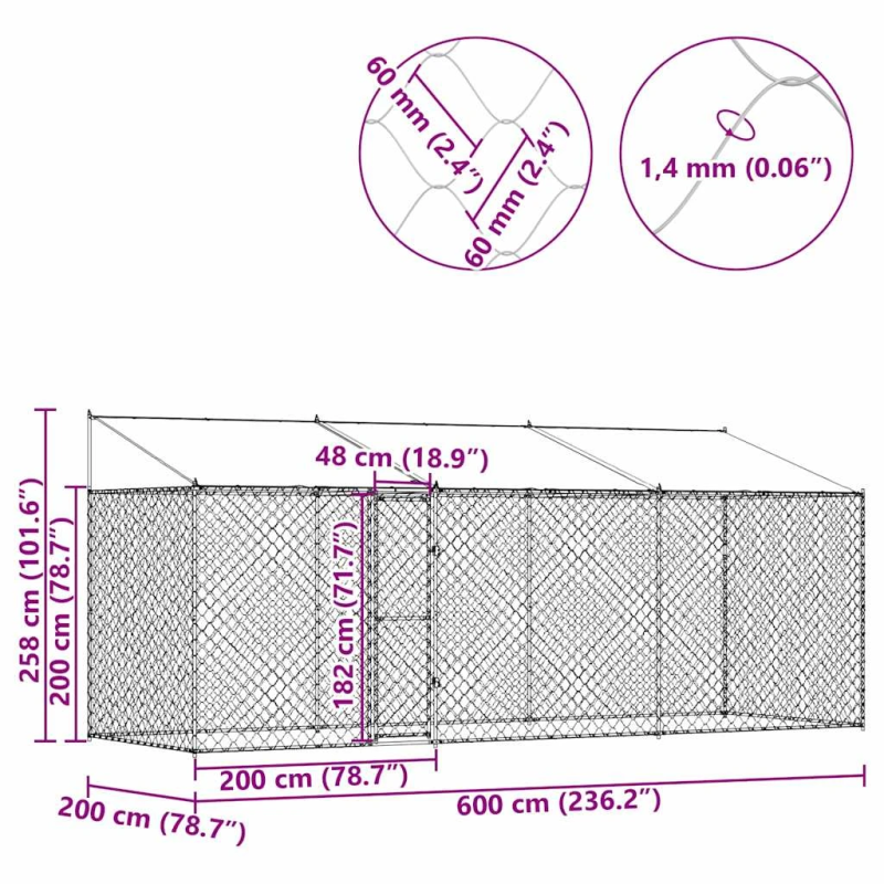 vidaXL Suņu būda ar jumtu Sudraba 600 x 200 x 258 cm Tērauds un PE