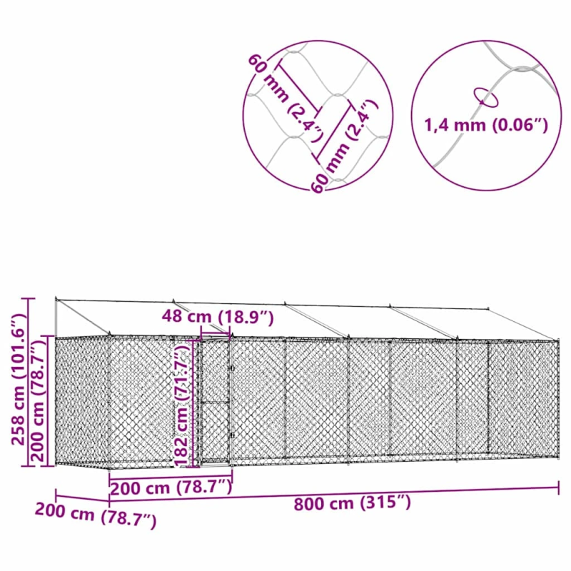 vidaXL Suņu būda ar jumtu Sudraba 800 x 200 x 258 cm Tērauds un PE