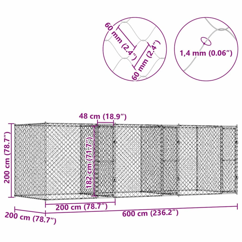 vidaXL Suņu būris Sudraba 600 x 200 x 200 cm Cinkots tērauds
