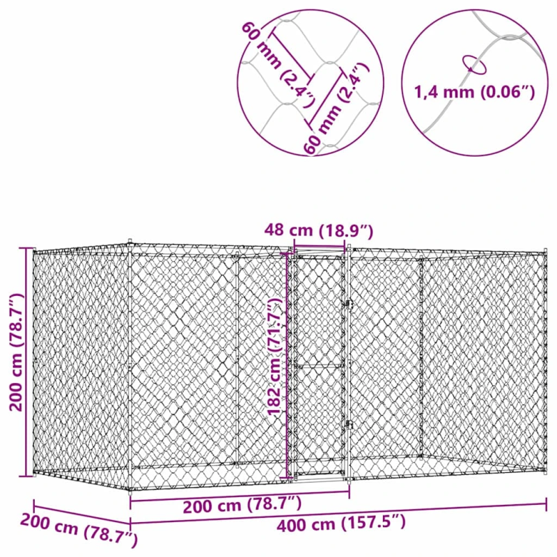 vidaXL Suņu būris Sudraba 400 x 200 x 200 cm Cinkots tērauds