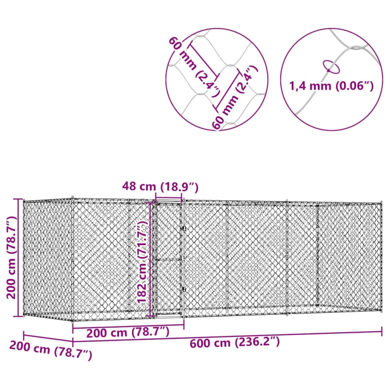 vidaXL Suņu būris Sudraba 600 x 200 x 200 cm Cinkots tērauds