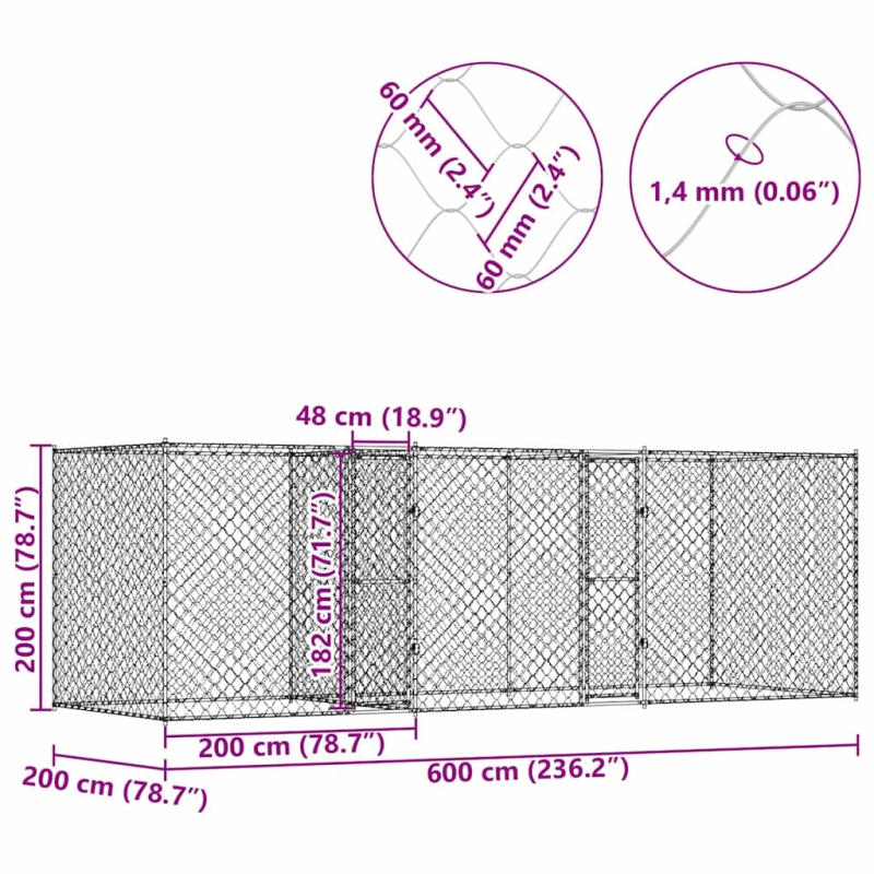 vidaXL Suņu būris Sudraba 600 x 200 x 200 cm Cinkots tērauds