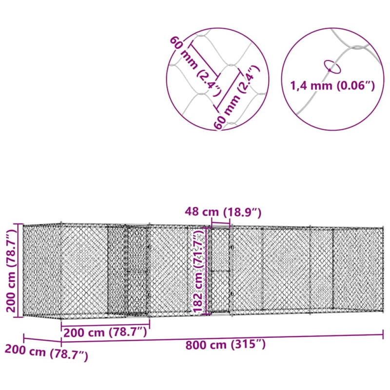 vidaXL Suņu būris Sudraba 800 x 200 x 200 cm Cinkots tērauds