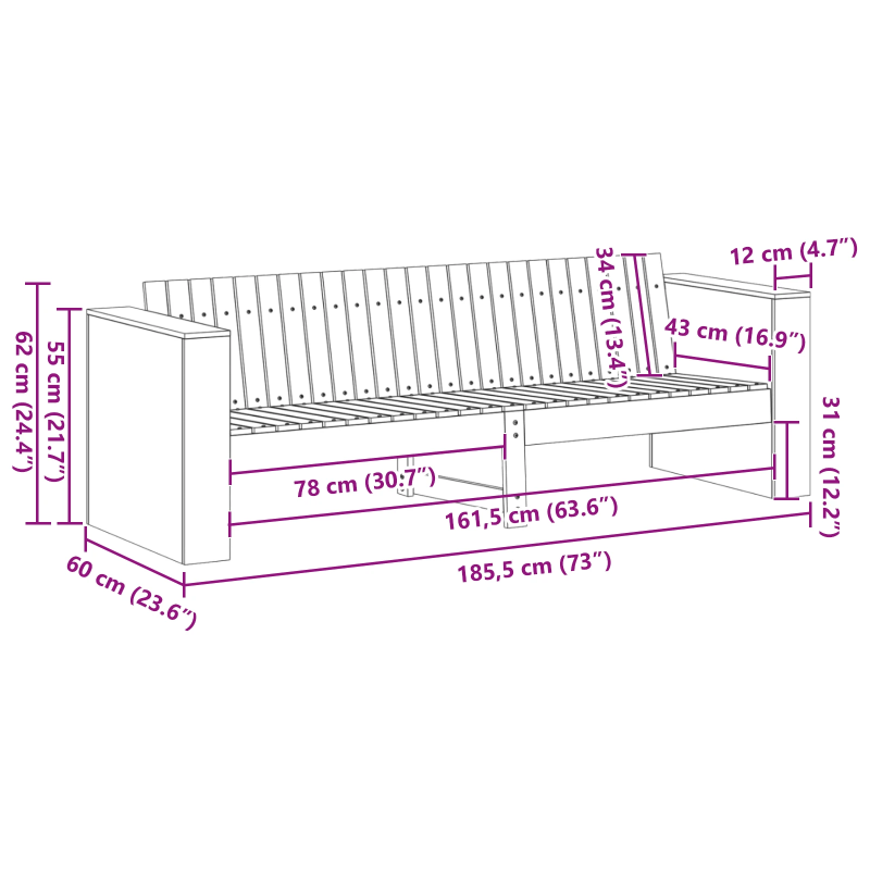vidaXL Dārza dīvāns Balts 185,5 x 60 x 62 cm Ciets priedes koks