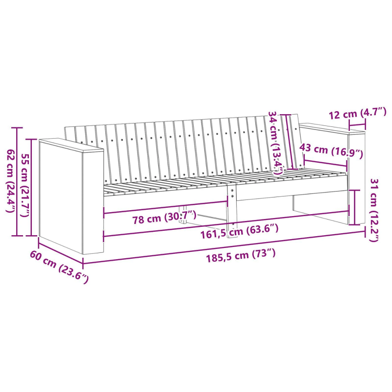 vidaXL Dārza dīvāns Brūna 185,5 x 60 x 62 cm Ciets priedes koks
