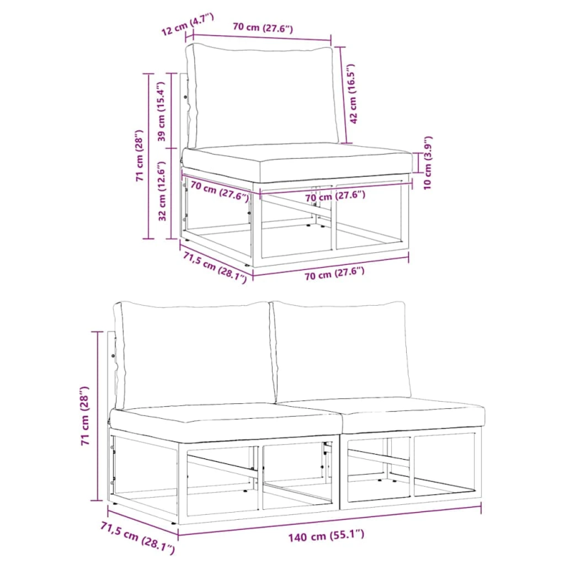vidaXL Āra mēbeles ar spilvenu 2 pcs Melna 70 x 71,5 x 71 cm Metāla