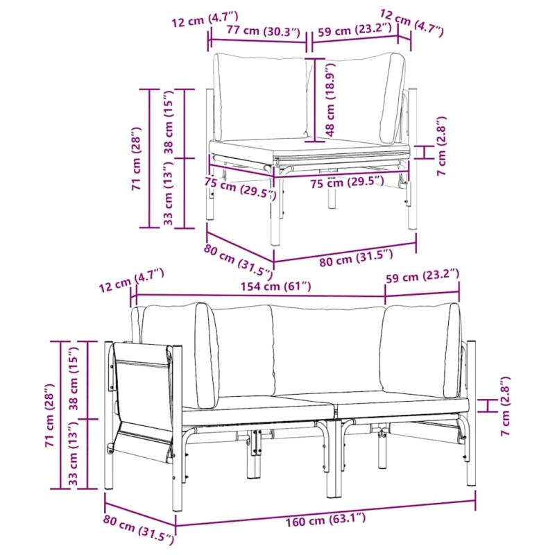 vidaXL Āra mēbeles ar spilvenu 2 pcs Antracīts 80 x 80 x 71 cm Tērauds