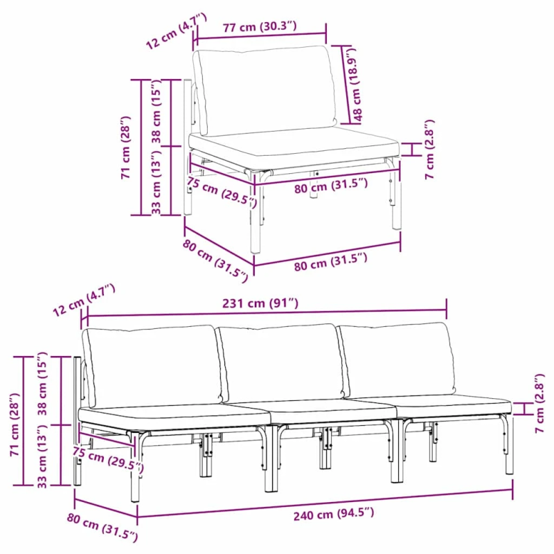 vidaXL Āra mēbeles ar spilvenu 3 pcs Antracīts 80 x 80 x 71 cm Tērauds