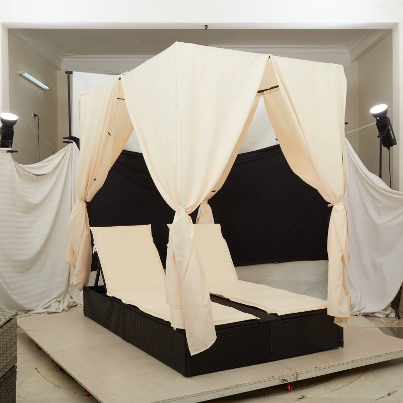 vidaXL Divvietīga sauļošanās gulta ar jumtu Melna 205 x 129 x 200 cm