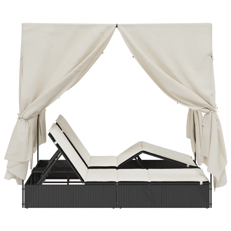 vidaXL Divvietīga sauļošanās gulta ar jumtu Melna 205 x 129 x 200 cm