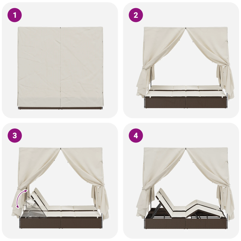 vidaXL Divvietīga sauļošanās gulta ar jumtu Brūna 205 x 129 x 200 cm