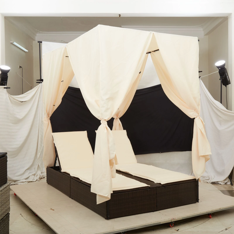 vidaXL Divvietīga sauļošanās gulta ar jumtu Brūna 205 x 129 x 200 cm