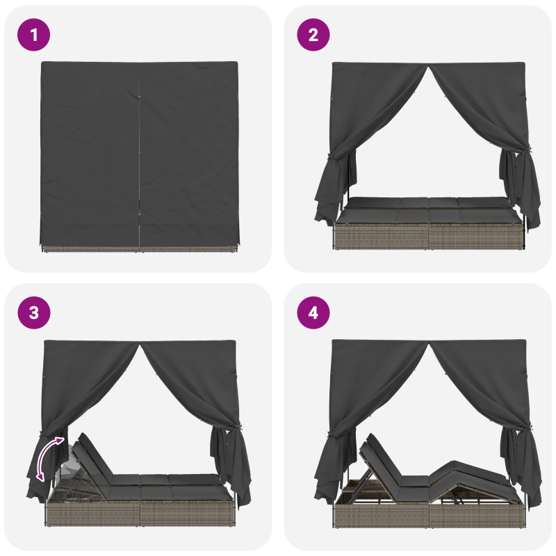 vidaXL Divvietīga sauļošanās gulta ar jumtu Pelēka 205 x 129 x 200 cm