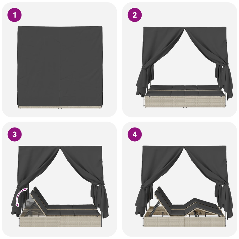 vidaXL Divvietīga sauļošanās gulta ar jumtu ar aizkariem Gaiši pelēka