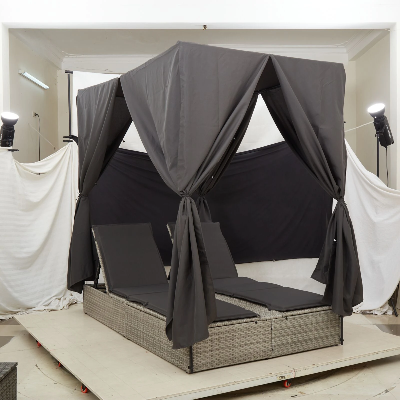 vidaXL Divvietīga sauļošanās gulta ar jumtu ar aizkariem Gaiši pelēka