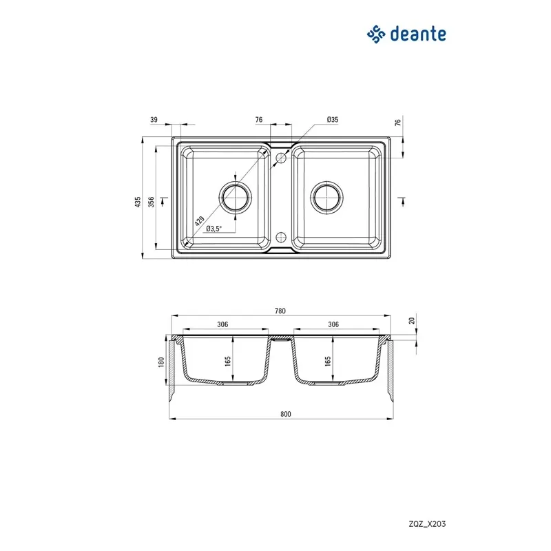 Virtuves izlietne Deante Zorba ZQZ_N203, granīts, 78 cm x 43.5 cm x 16.5 cm, nero