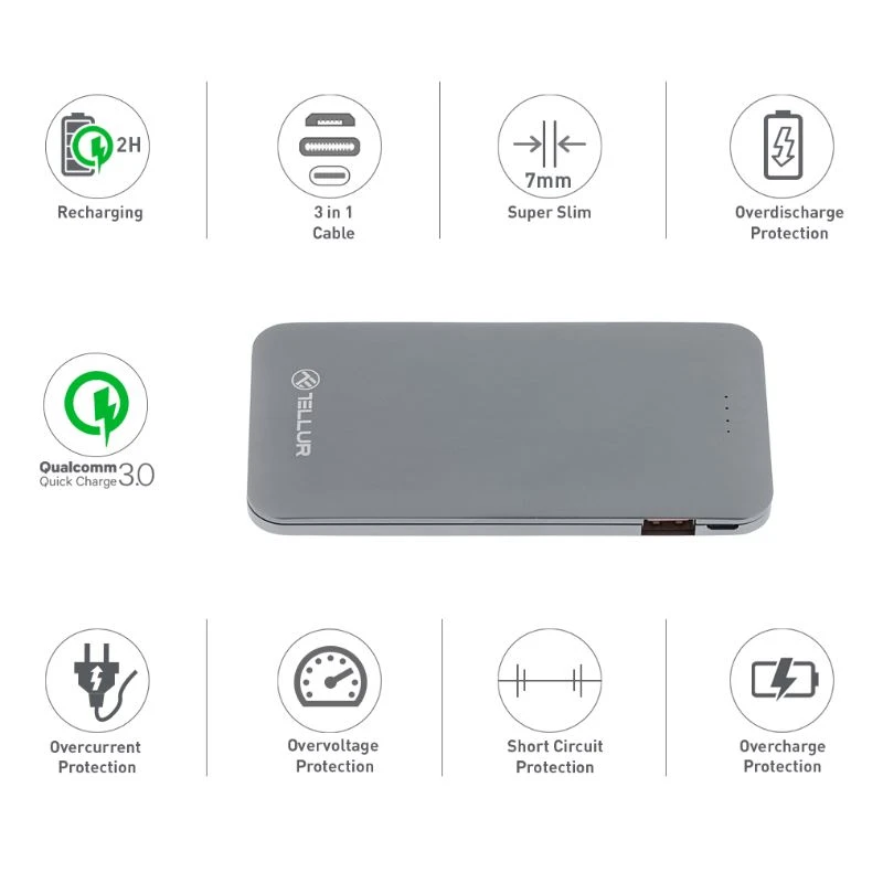 Tellur Power Bank QC 3.0 Fast Charge, 5000mAh, 3in1 gray