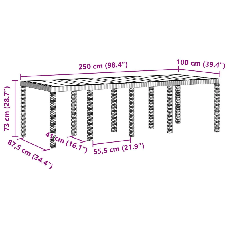 vidaXL Dārza ēdamais galds Balts 250 x 100 x 73 cm poliratāns