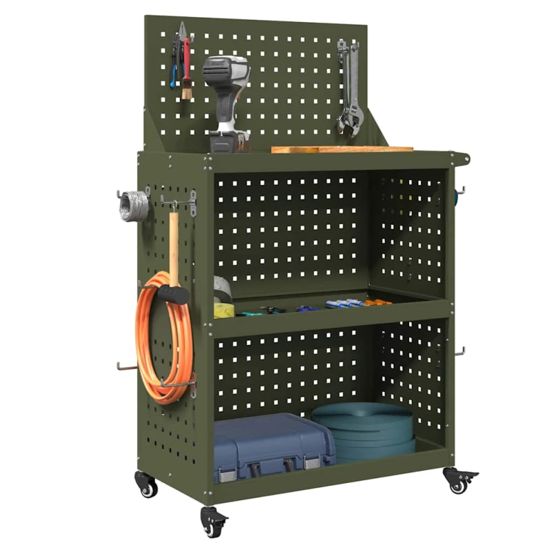 vidaXL Instrumentu ratiņi ar plauktu Olīvu zaļš 65 x 35 x 111 cm