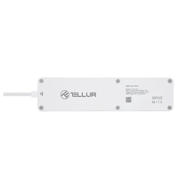 Tellur WiFi Power Strip, 3 Outlets, 4USB 4A, 2200W, 10A, 1.8m